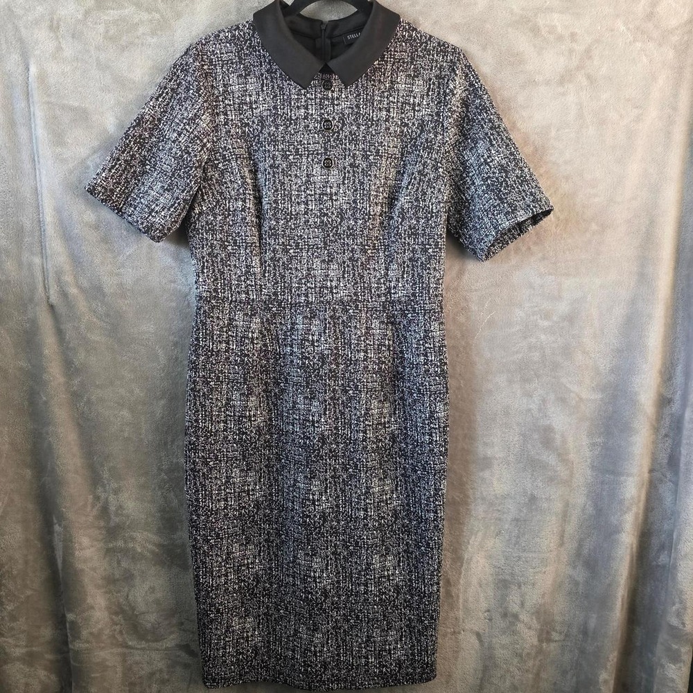 Stella & Julie black/gray tweed midi dress with collar and button front size 12